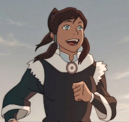 korra (from "the legend of korra") smiling widely and running in south pole with fur jacket on.