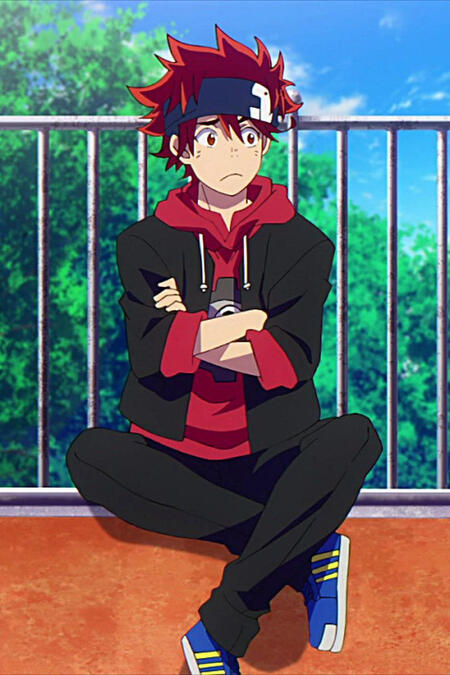 kyan reki (from "sk8 the infinity") kind of sitting cross-legged on skate ramp with arms folded, wearing red hoodie. .