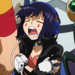 kyouka jirou (from "my hero academia) in hero costume, groaning/sighing.