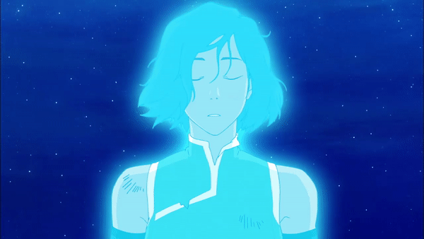 korra (from "the legend of korra") slowly opening her eyes within the new republic city spirit portal, everything is blue.