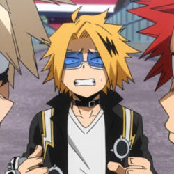 kaminari denki (from "my hero academia") in hero costume looking distressed as two other male characters argue in front of him.